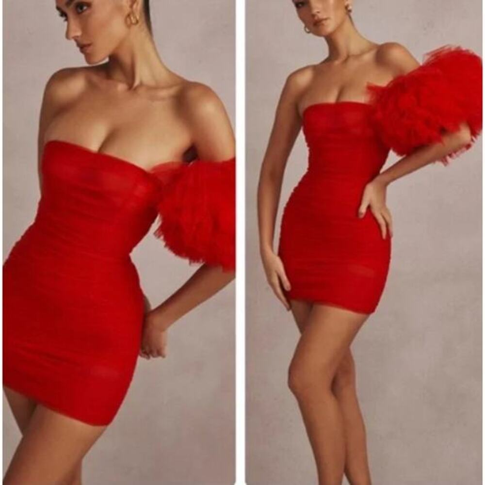 House Of Cb London Noelle Off the Shoulder Ruffle Sleeve Mini Dress‎ Red Size XS